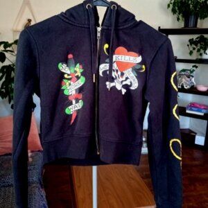 Vintage Y2K Ed Hardy Love Kills Slowly Skull VTG Crop Hoodie Jacket Womens Sz M
